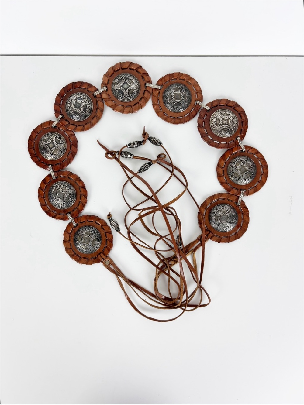 Brown Leather Metal Concho Belt - Picture 2 of 5